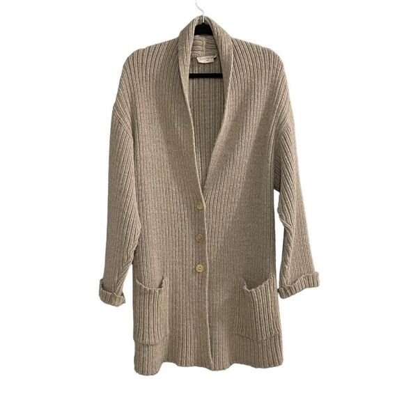 BARBARA BUI Wool Ribbed Long Button Front Cardigan Sweater Tan L - Picture 2 of 8